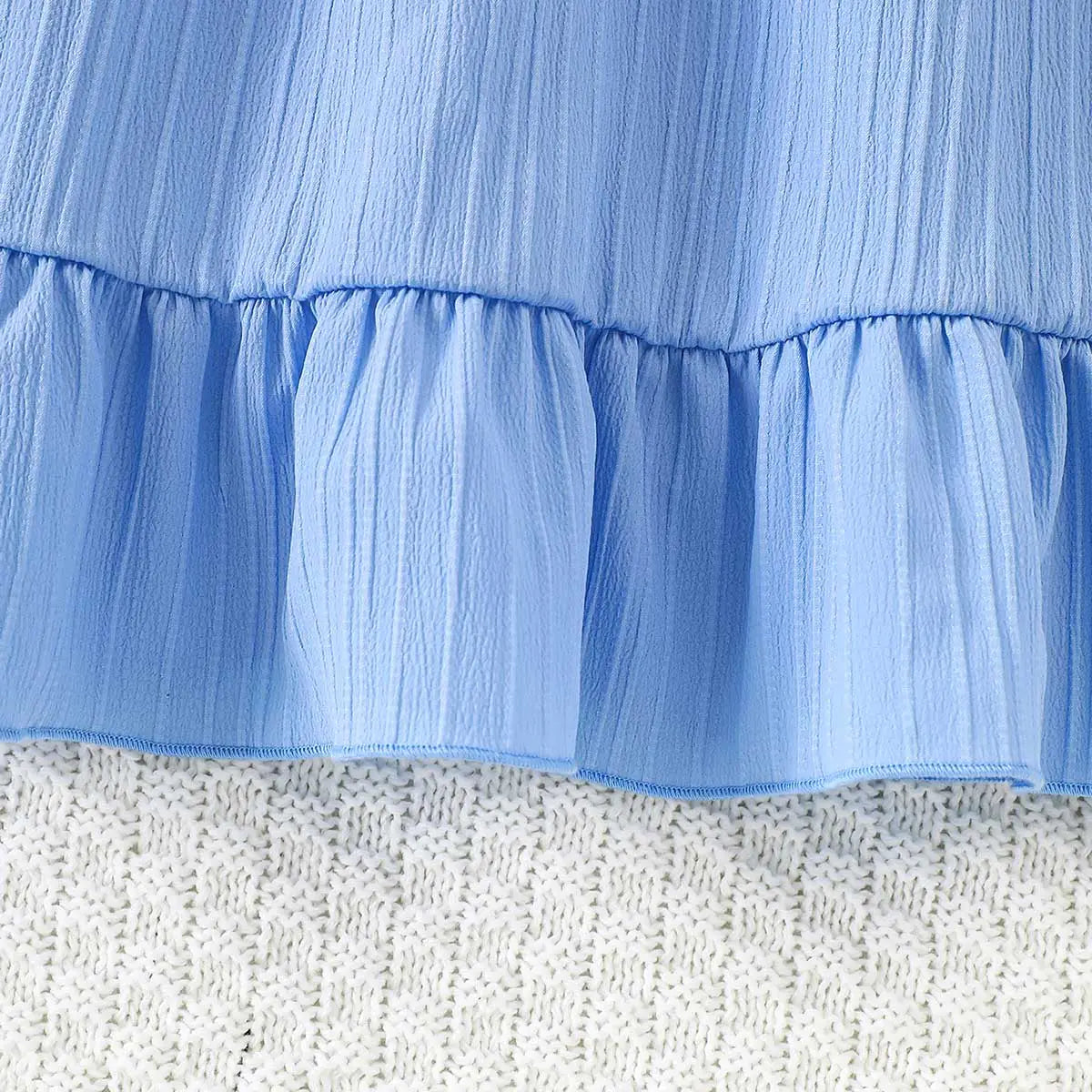 Girls Light Blue Textured Ruffled Long Sleeve Dress with Floral Appliques Casual Dresses