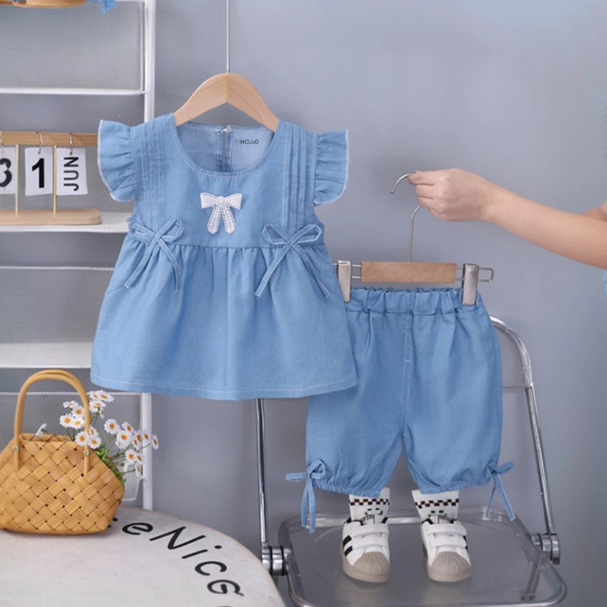 Girls Blue Bow Applique Flutter Sleeve With Elasticated Shorts Sets 2 pc. Sets Blue 1-2 Y