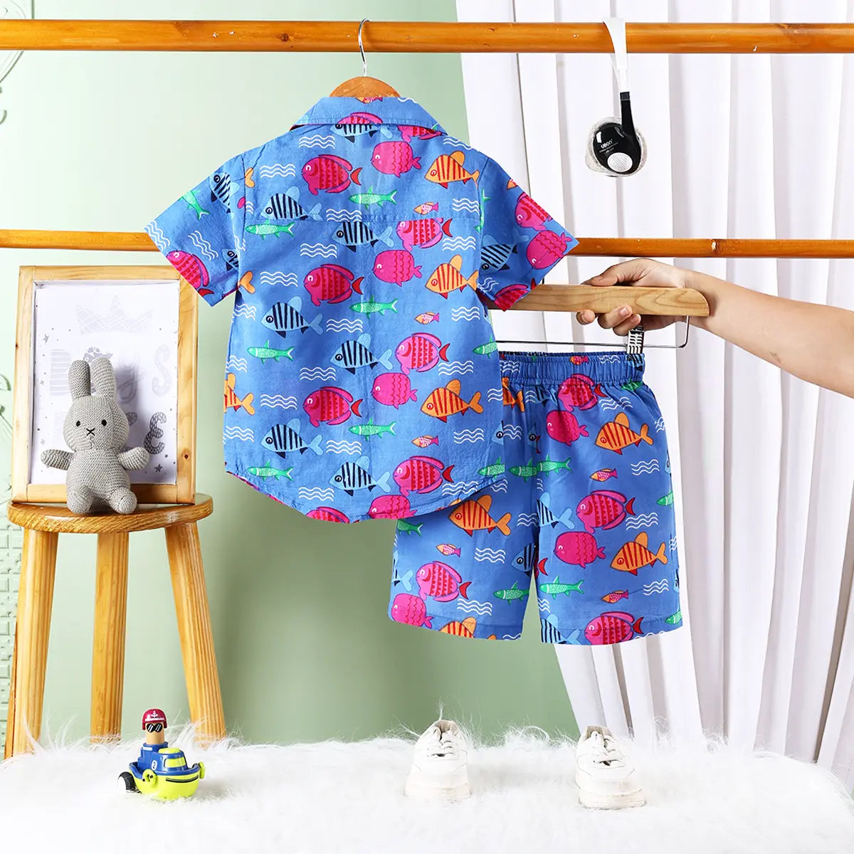 Boys Blue Fish Printed Short Sleeves Shirt With Printed Shorts Sets Sets