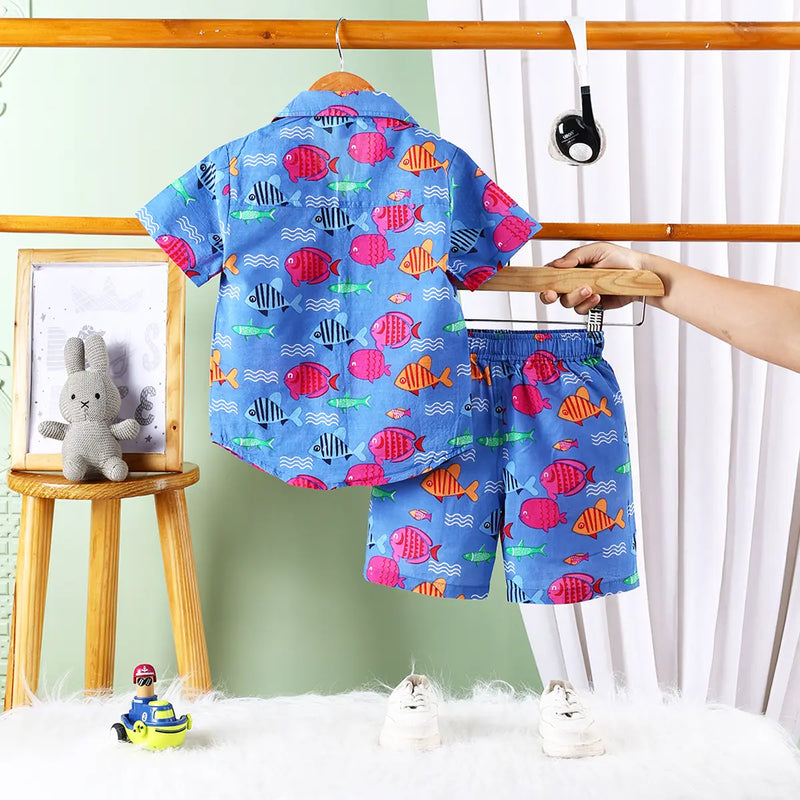 Boys Blue Fish Printed Short Sleeves Shirt With Printed Shorts Sets Sets