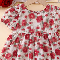 Girls Red Floral Print Puff Sleeve Dress Casual Dresses