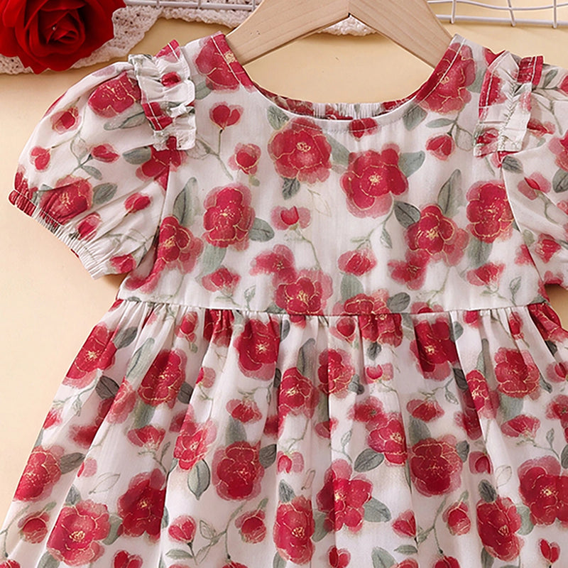 Girls Red Floral Print Puff Sleeve Dress Casual Dresses