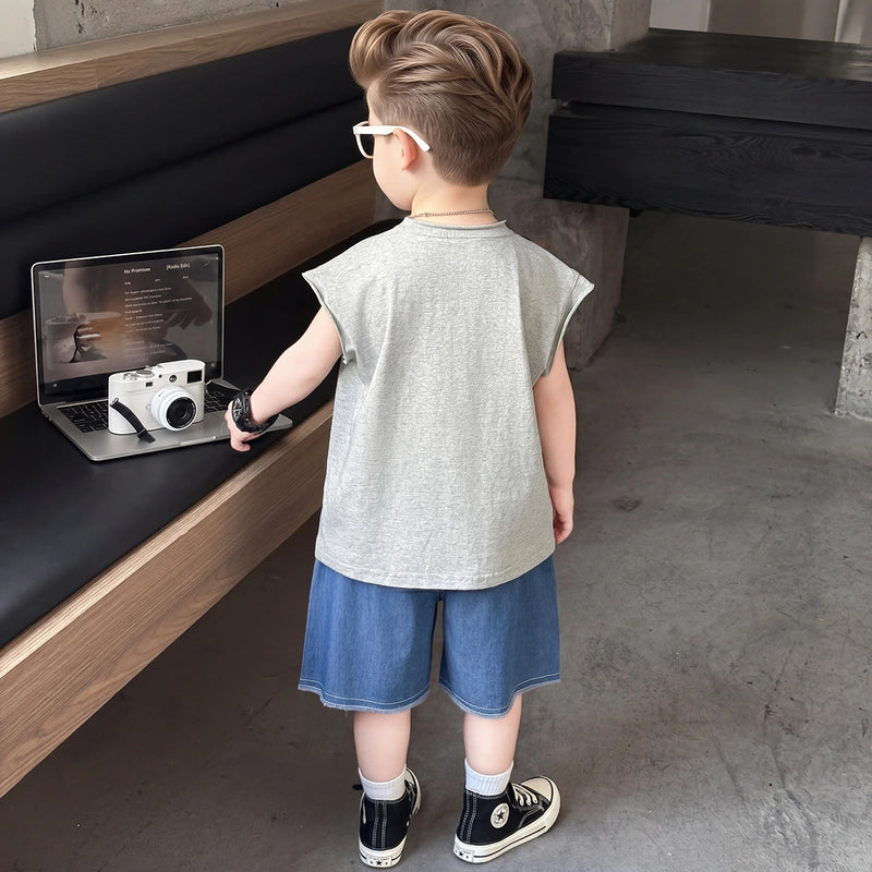 Boys Grey Typographic Sleeveless T-Shirt With Denim Shorts Sets Sets