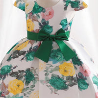 Girls Green Floral Printed Cap Sleeve Fit & Flare Party Wear Dress Party Dresses
