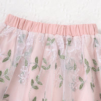 Girls Pink Shoulder Strap Crop Top With Floral Embroidered Skirt Set 2 pc. Sets