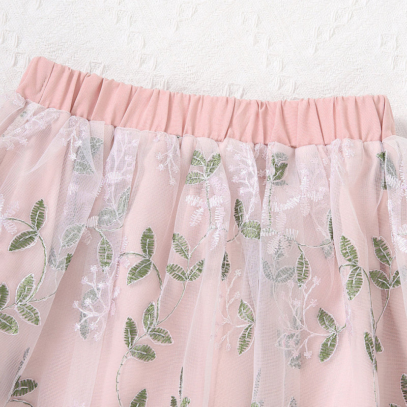 Girls Pink Shoulder Strap Crop Top With Floral Embroidered Skirt Set 2 pc. Sets