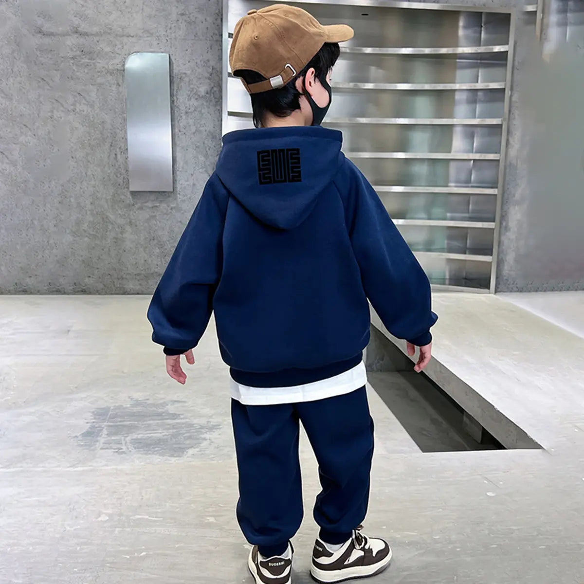 Boys Blue Abstract Printed Hooded Oversized Sweatshirt With Jogger Sets Sets