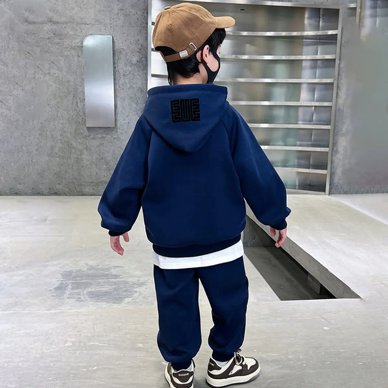 Boys Blue Abstract Printed Hooded Oversized Sweatshirt With Jogger Sets Sets