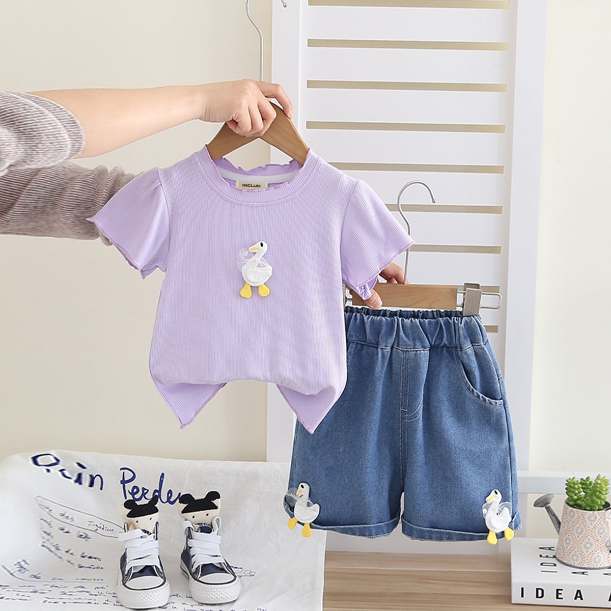 Girls Purple Applique T-Shirt With Denim Shorts Set 2 pc. Sets Purple 1-2 Y