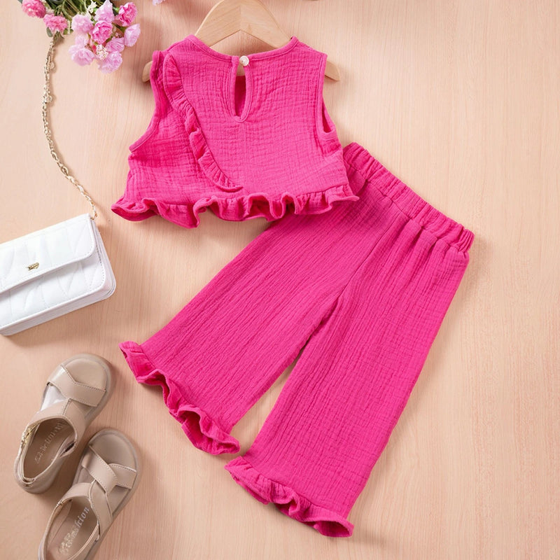 Girls Fuchsia Textured Sleeveless Top & Pants With Ruffle Hem Co-ord Sets Sets