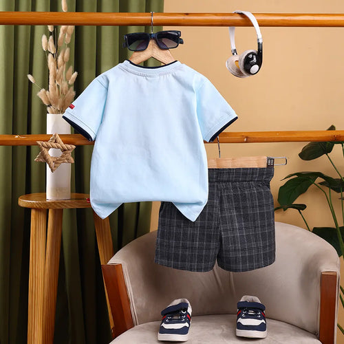 Boys Sky Blue Star Graphic Short Sleeve T-Shirt With Checked Shorts Sets Sets