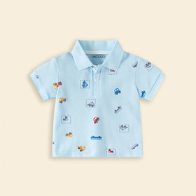 Boys Sky Blue Short Sleeve Car Printed Polo T-Shirt Tshirts