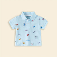 Boys Sky Blue Short Sleeve Car Printed Polo T-Shirt Tshirts