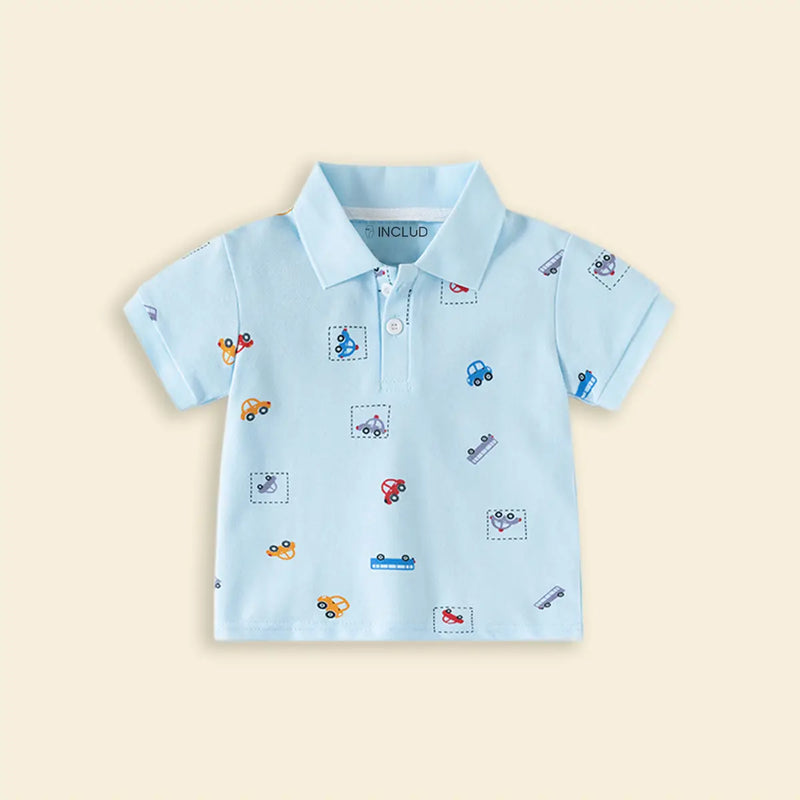 Boys Sky Blue Short Sleeve Car Printed Polo T-Shirt Tshirts