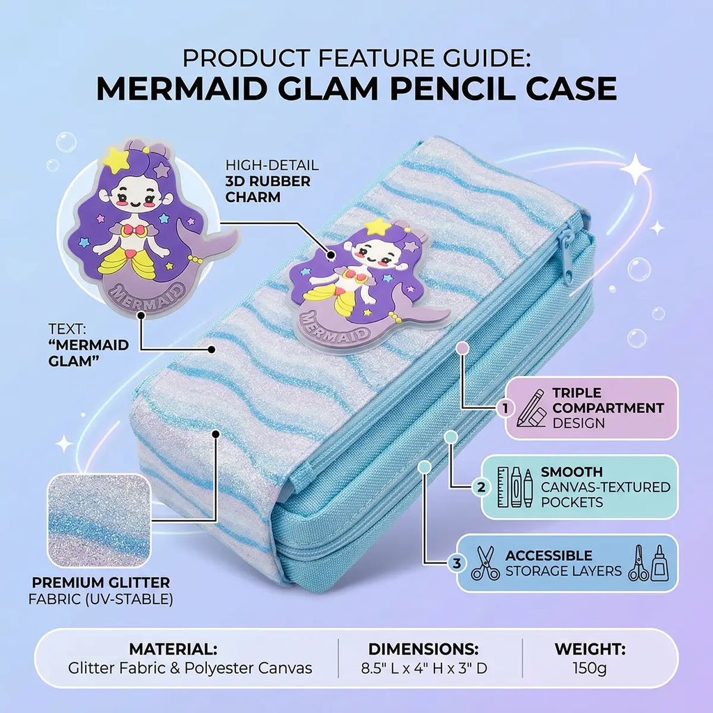 Girls Sky Blue Mermaid Glitter Pencil Case Trending Accessories