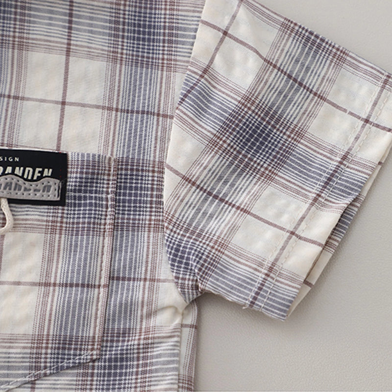 Boys Beige Checked Shirt With Printed T-Shirt & Denim Shorts Set Sets
