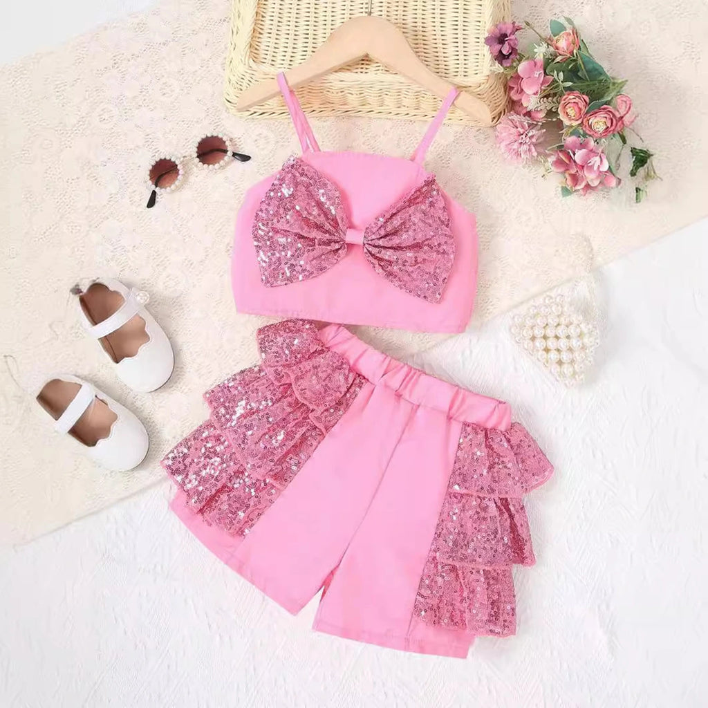 Girls Pink Sequin Bow Applique Top With Ruffled Shorts Sets 2 pc. Sets Pink 3-4 Y