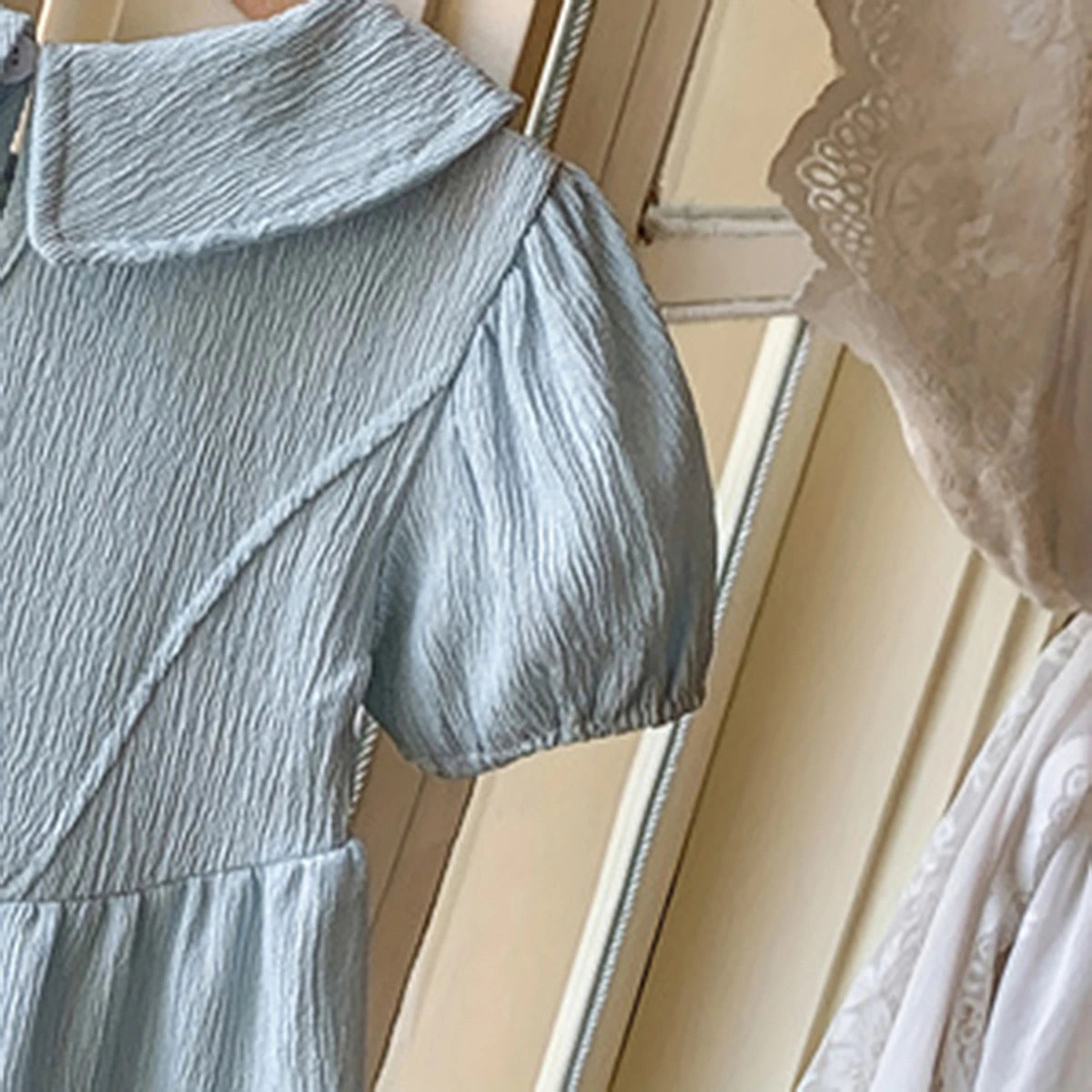 Girls Light Blue Textured Tiered Dress With Puff Sleeves Casual Dresses