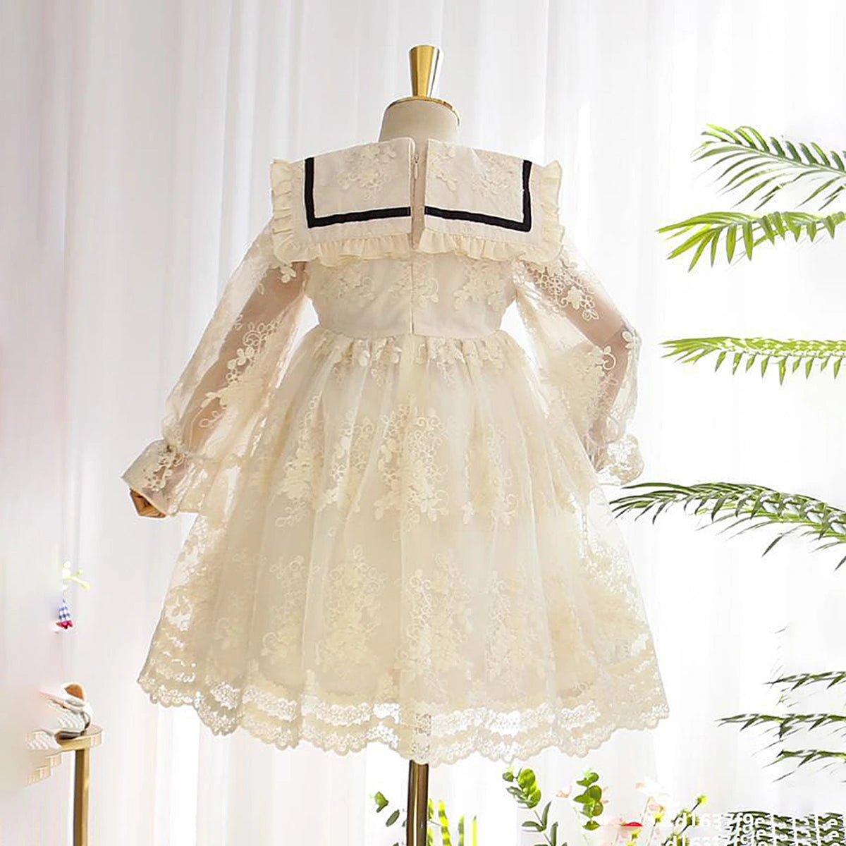 Girls Cream Floral Lace Long Sleeve A-Line Dress Casual Dresses