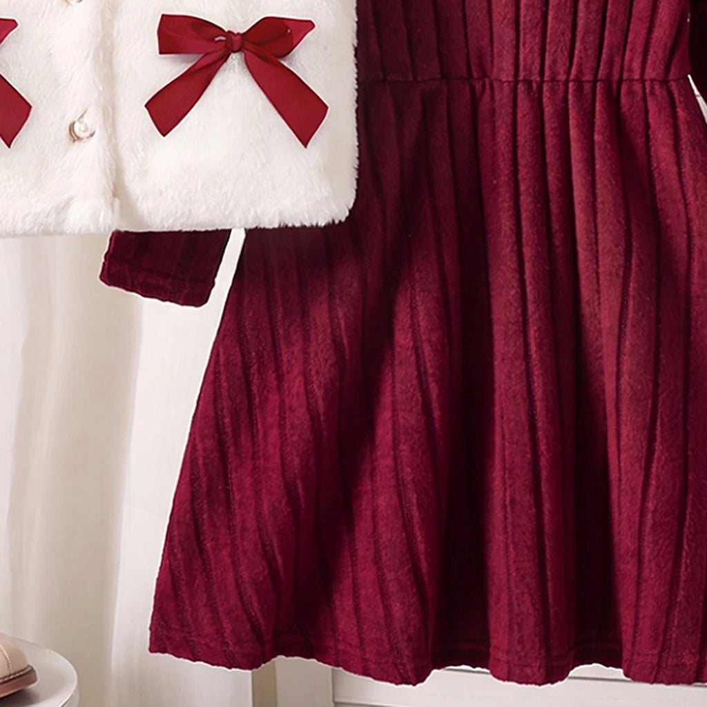 Girls Burgundy Textured Long Sleeve A-line Dress With Shrug Casual Dresses