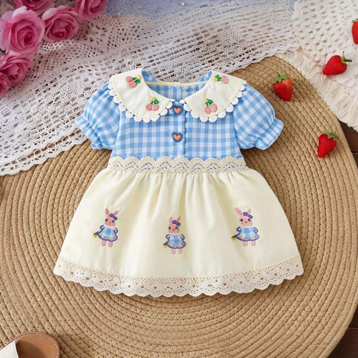 Girls Blue Gingham Checked Bunny Applique Fit & Flare Dress With Puff Sleeves Casual Dresses Blue 1-2 Y
