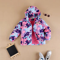 Girls Purple Abstract Printed Hooded Zipper Jacket Coats & Jackets