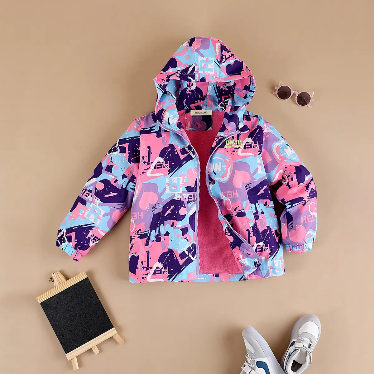Girls Purple Abstract Printed Hooded Zipper Jacket Coats & Jackets