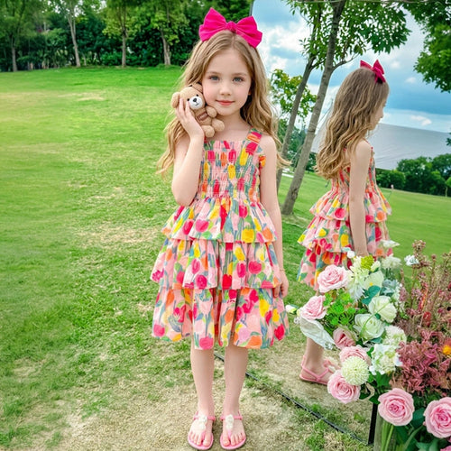 Girls Multicolor Floral Printed Sleeveless Smocked Layered Dress Casual Dresses Multicolor 1-2 Y