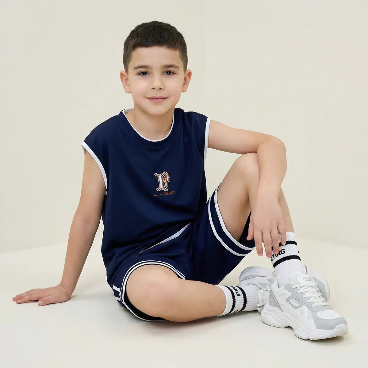 Boys Navy Blue Typographic Print Sleeveless T-Shirt With Shorts Co-ord Sets Sets