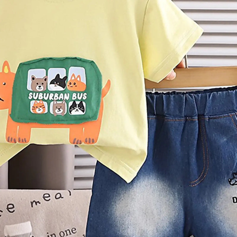 Boys Lime Yellow Dog Bus Print T-Shirt With Denim Shorts Sets Sets