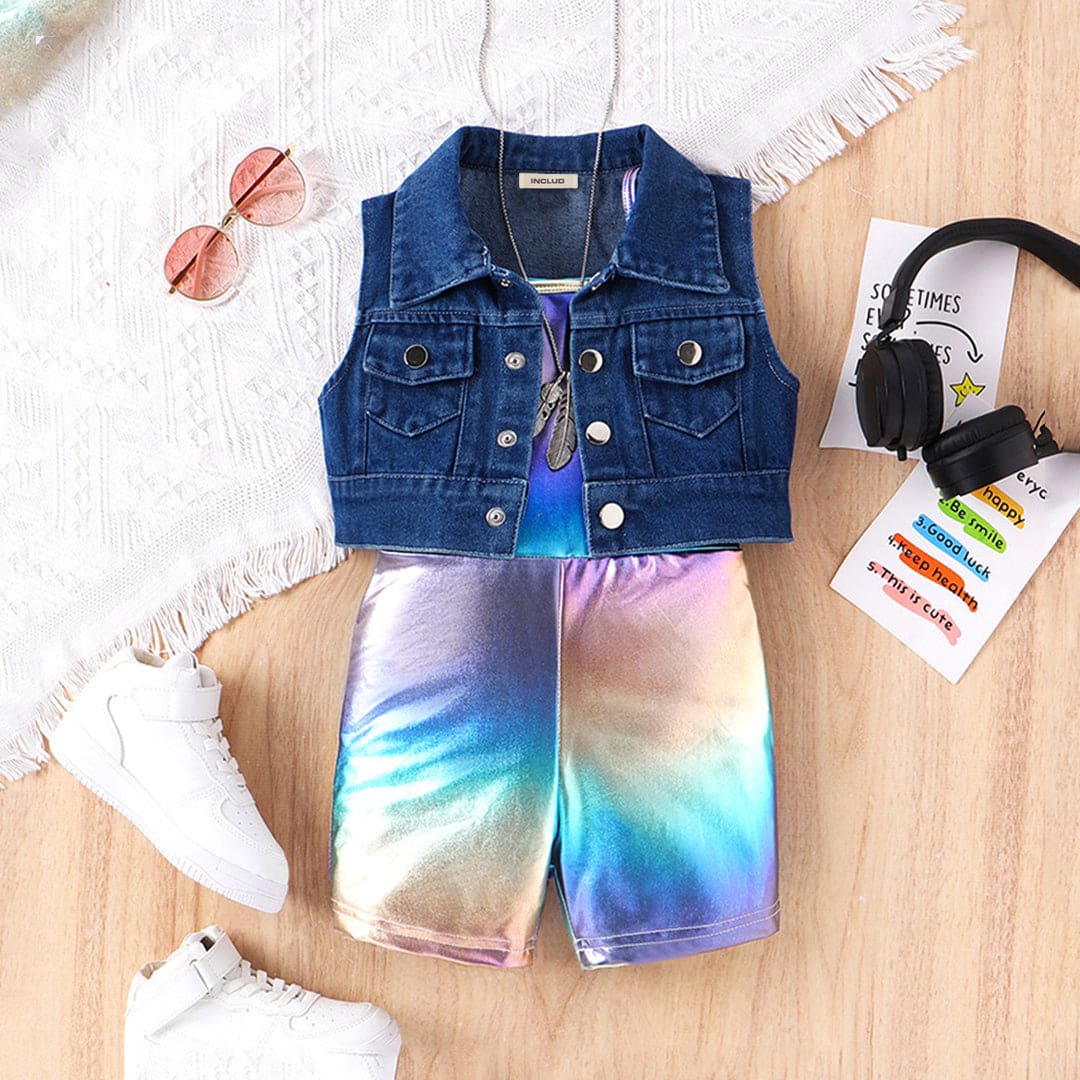 Girls Metallic Jumpsuit with Denim Shrug Set Jumpsuits Blue 4-5 Y 