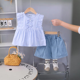 Girls Light Blue Self Design Top With Pleated Denim Shorts Set Sets Light Blue 1-2 Y