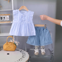 Girls Light Blue Self Design Top With Pleated Denim Shorts Set Sets Light Blue 1-2 Y