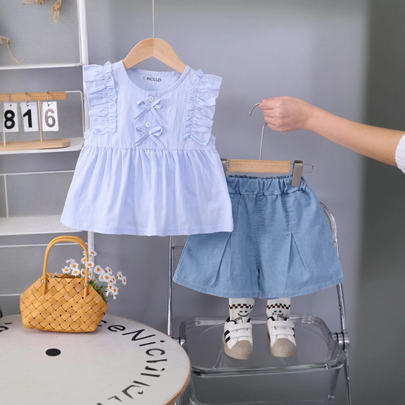 Girls Light Blue Self Design Top With Pleated Denim Shorts Set Sets Light Blue 1-2 Y