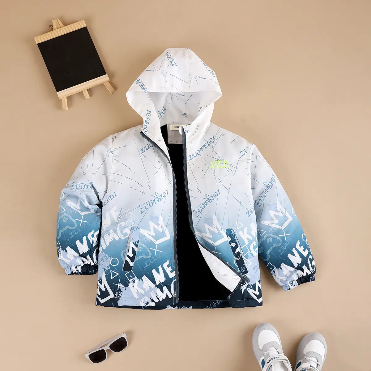 Boys Grey Ombre Printed Hooded Zipper Jacket Coats & Jackets