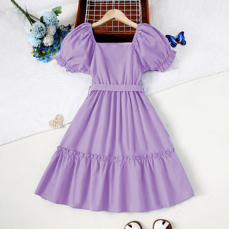 Girls Purple Short Sleeve Fit & Flare Square Neck Dress Casual Dresses Purple 8-9 Y