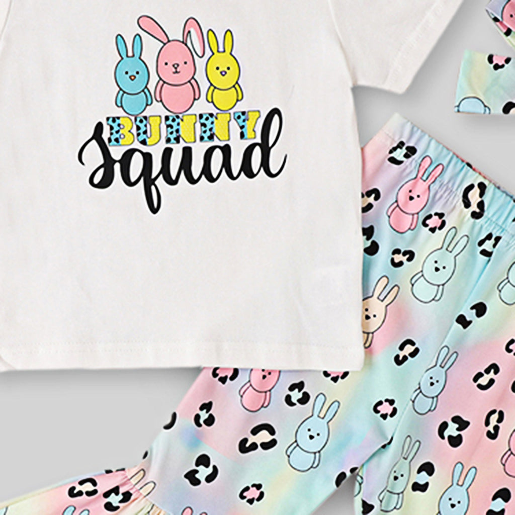 Girls Bunny Print T-Shirt With Pants & Headband 3 pc. Sets   