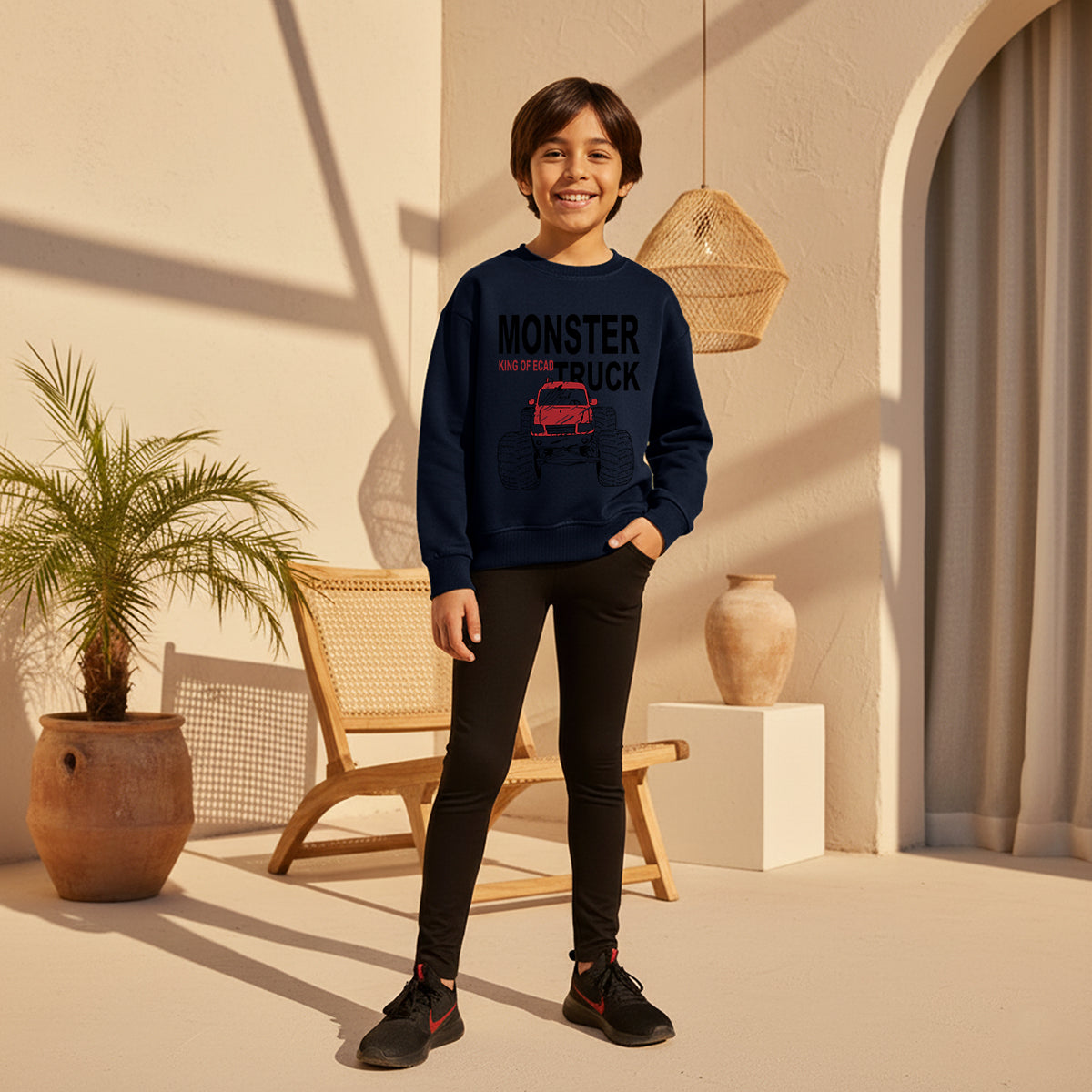 Boys Navy Blue Monster Truck Graphics Round Neck Sweatshirt Sweatshirts & Hoodies Navy Blue 4-5 Y
