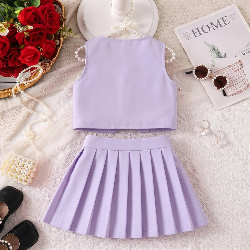 Girls Lavender Rose Applique Sleeveless Top with Pleated Skirt Sets 2 pc. Sets