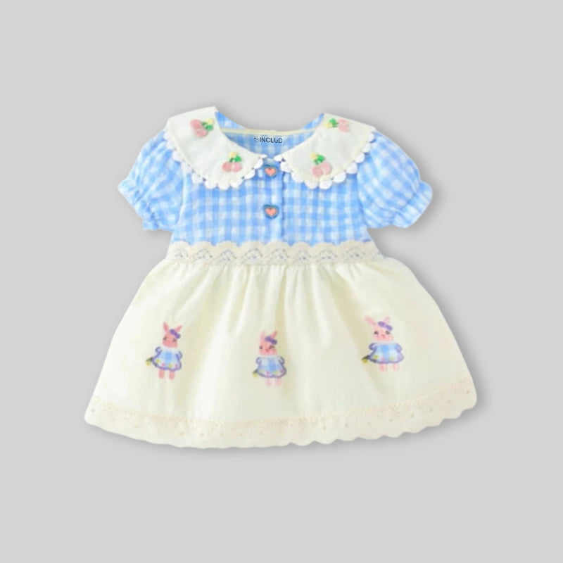 Girls Blue Gingham Checked Bunny Applique Fit & Flare Dress With Puff Sleeves Casual Dresses