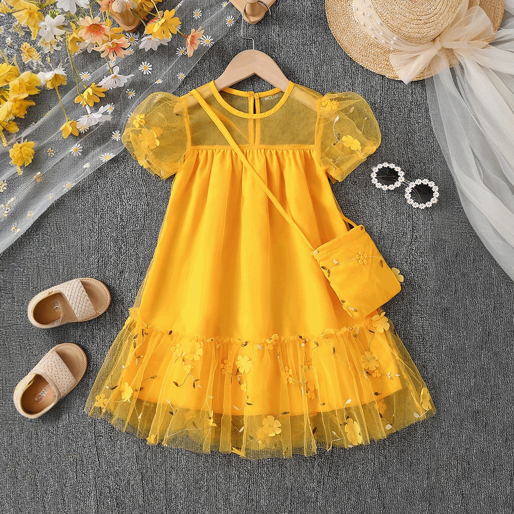 Girls Yellow Floral Embroidered Puff Sleeve Fit & Flare Dress Casual Dresses Yellow 3-4 Y