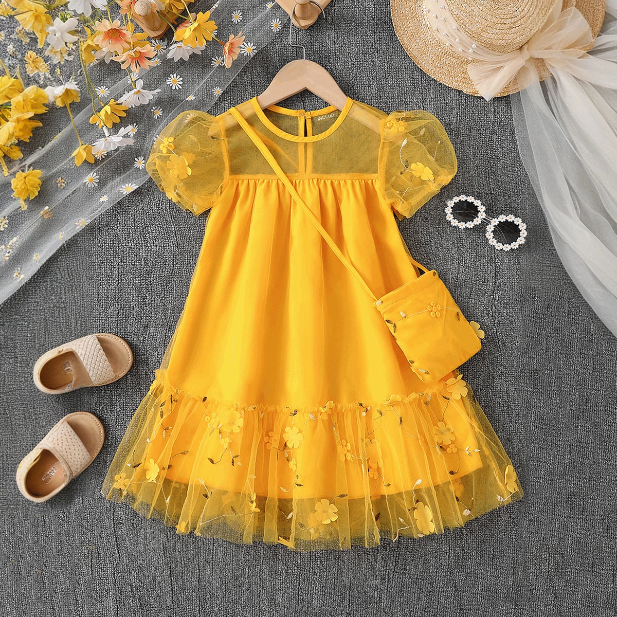 Girls Yellow Floral Embroidered Puff Sleeve Fit & Flare Dress Casual Dresses Yellow 3-4 Y