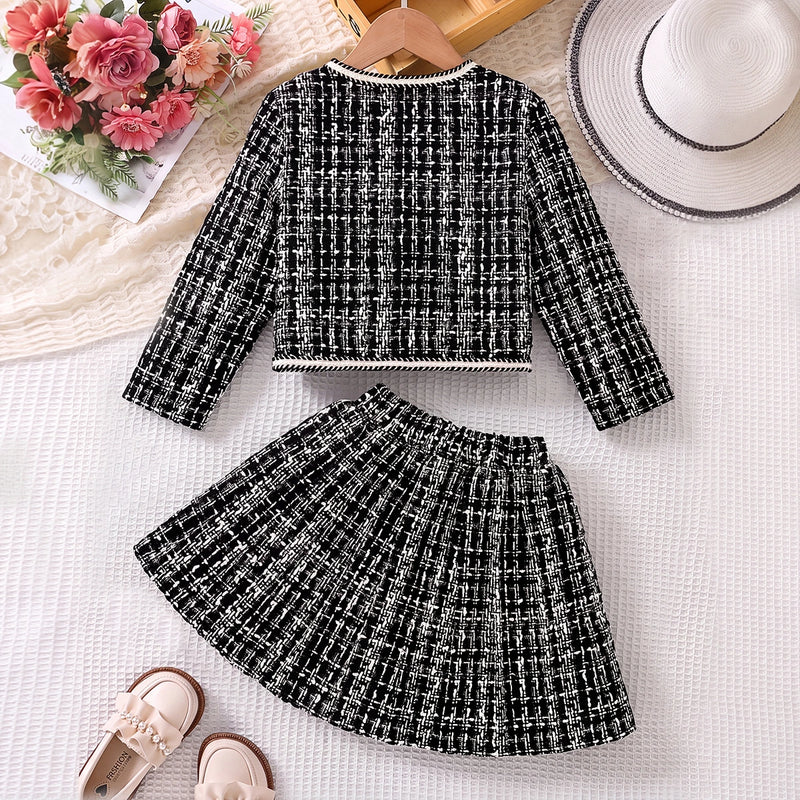 Girls Black Checked Long Sleeve Top With Skirt Sets 2 pc. Sets