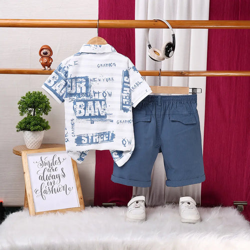 Boys White Typographic Printed Short Sleeve Polo T-Shirt With Cargo Shorts Sets Sets