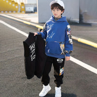 Boys Blue Graphics Printed hoodie With Sleeveless Jacket & Jogger Sets Sets