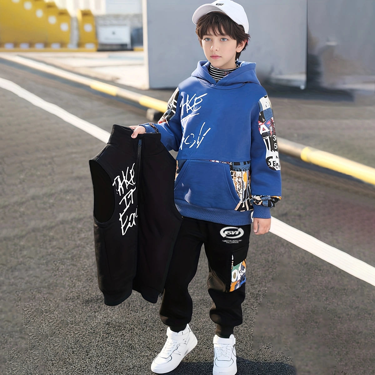 Boys Blue Graphics Printed hoodie With Sleeveless Jacket & Jogger Sets Sets