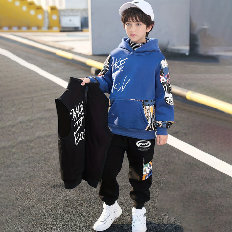 Boys Blue Graphics Printed hoodie With Sleeveless Jacket & Jogger Sets Sets