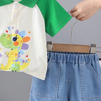 Boys Green Dinosaur Printed Short Sleeve Polo T-Shirt With Denim Shorts Sets 2 pc. Sets