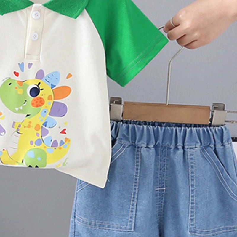 Boys Green Dinosaur Printed Short Sleeve Polo T-Shirt With Denim Shorts Sets 2 pc. Sets