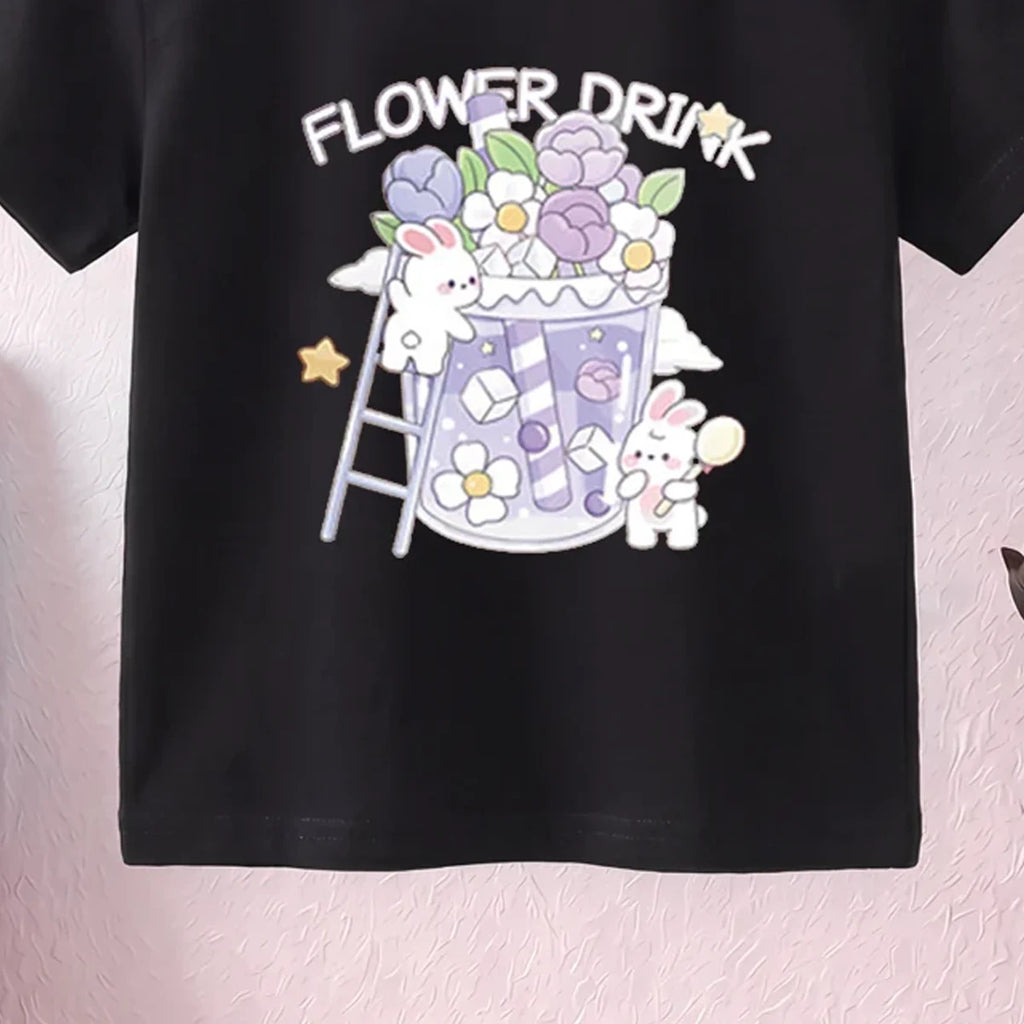 Girls Black Short Sleeve Floral Print T-Shirt Tshirts